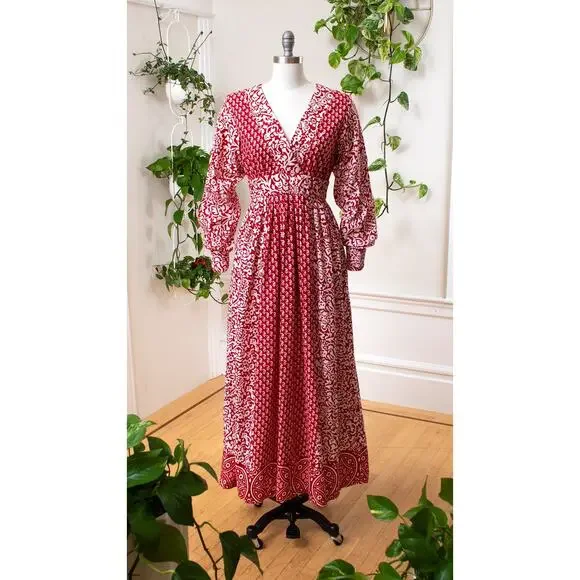 boho maxi dress 70s Retro 1970s High Neck Bohemian Long Sleeves Wedding Dress – TANYA BRIDAL